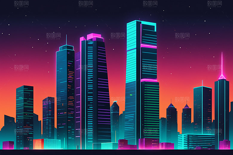霓虹城市时尚地标插画