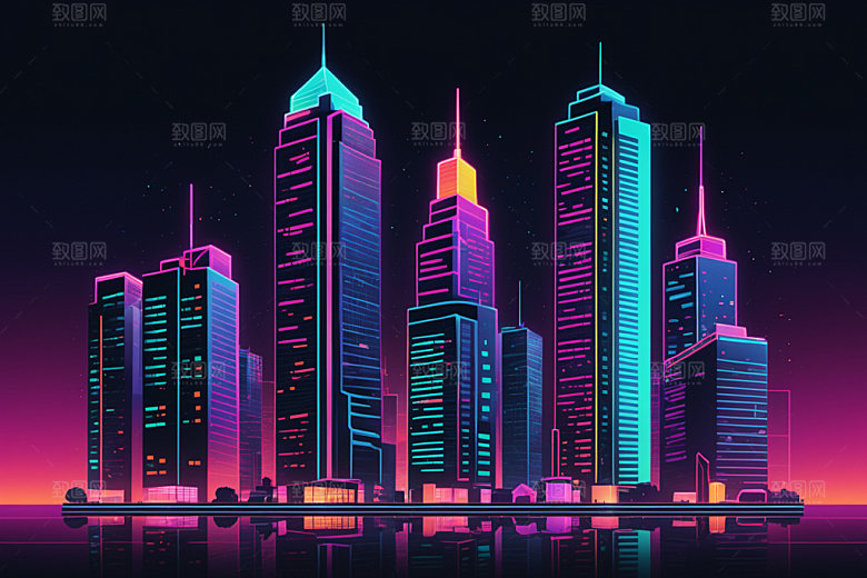 霓虹城市赛博朋克彩色插画