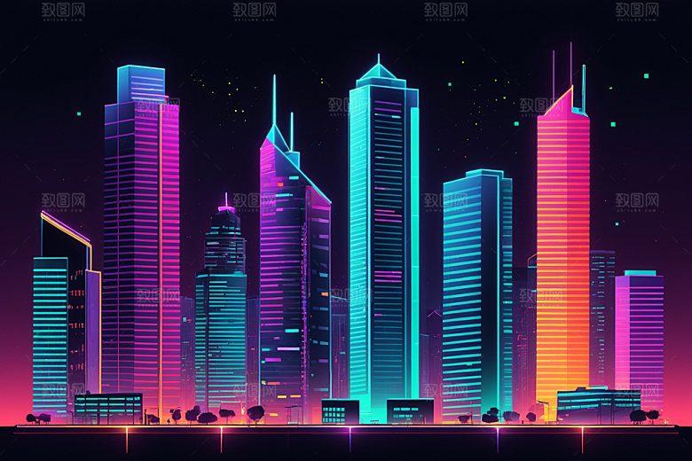 霓虹城市时尚建筑插画