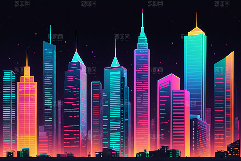 霓虹城市建筑地标插画