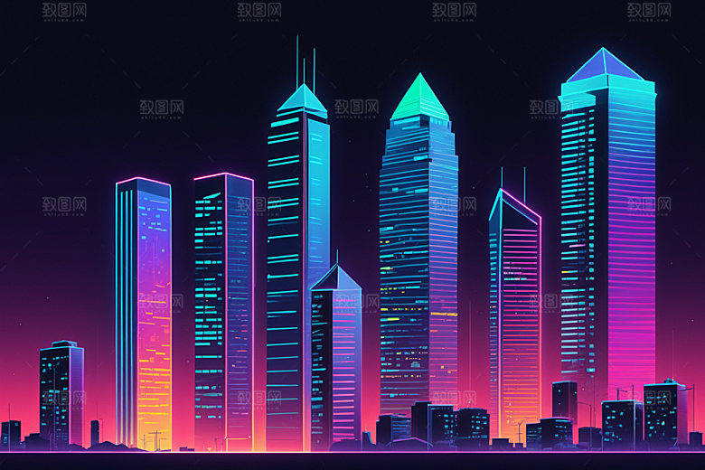 霓虹城市元素都市插画