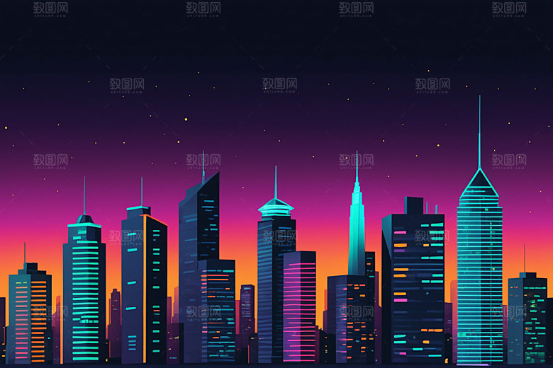 霓虹城市赛博朋克元素插画