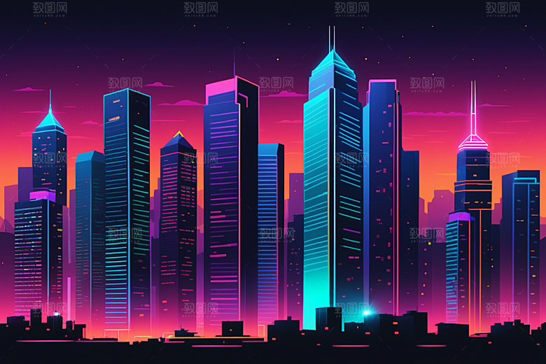 霓虹城市元素时尚插画