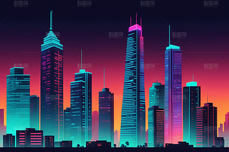 霓虹城市未来地标插画