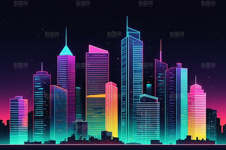 霓虹城市赛博朋克都市插画
