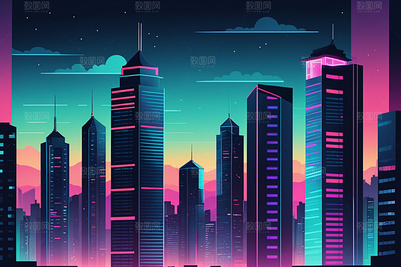 霓虹城市地标赛博朋克插画