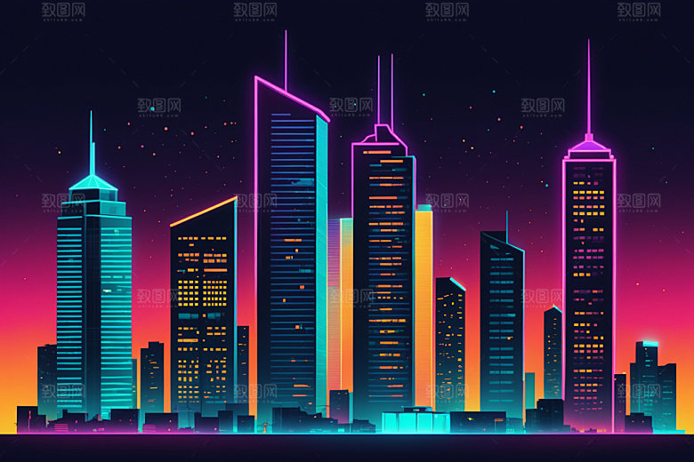 霓虹城市科技感地标插画