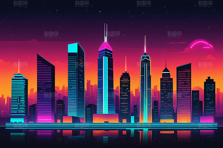 霓虹城市未来地标插画