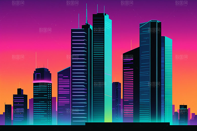 霓虹城市科技感建筑插画