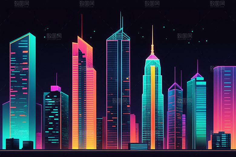 霓虹城市都市地标插画