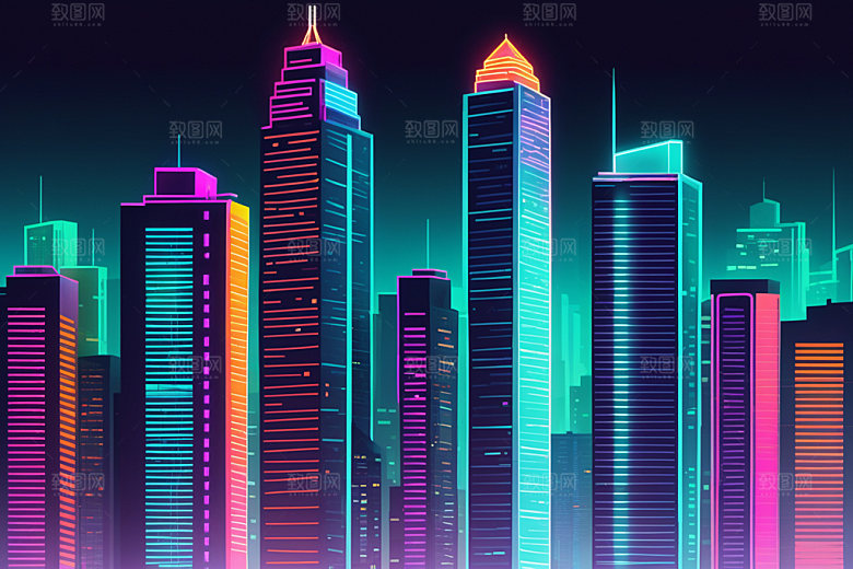 霓虹城市地标彩色插画