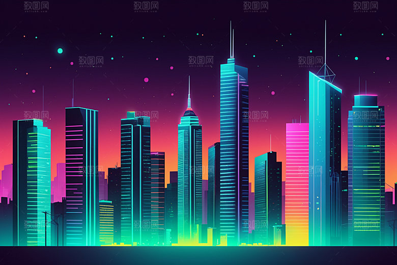 霓虹城市赛博朋克元素插画