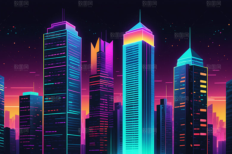 霓虹城市赛博朋克科技感插画