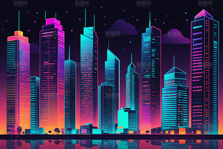 霓虹城市未来元素插画