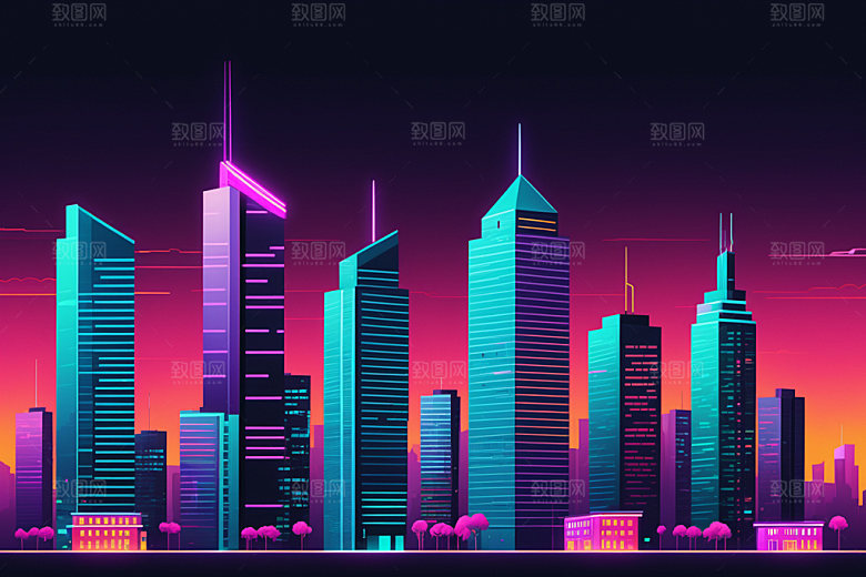 霓虹城市彩色赛博朋克插画