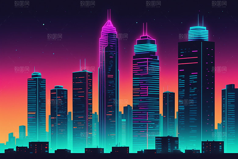 霓虹城市元素地标插画