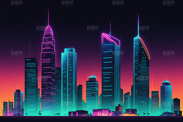 霓虹城市地标元素插画