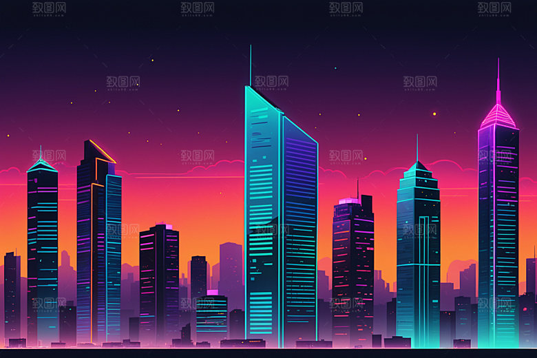 霓虹城市地标时尚插画