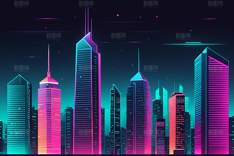 霓虹城市元素彩色插画