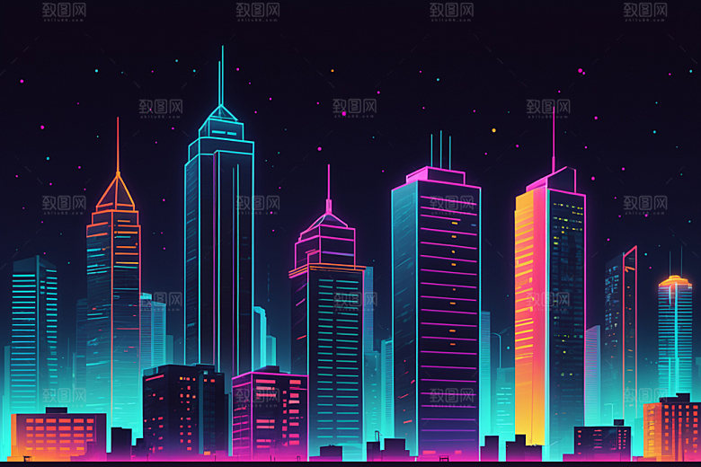 霓虹城市时尚建筑插画