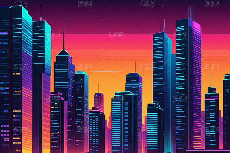 霓虹城市建筑元素插画