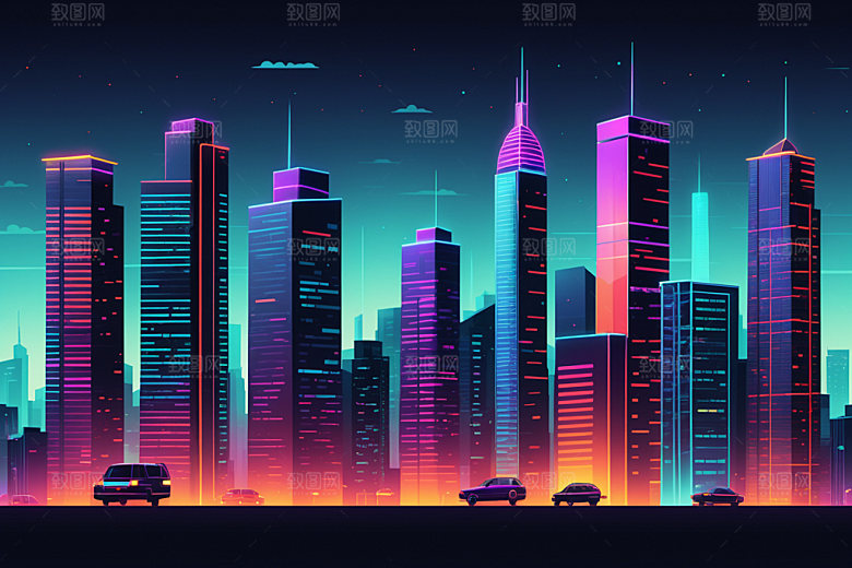 霓虹城市元素地标插画