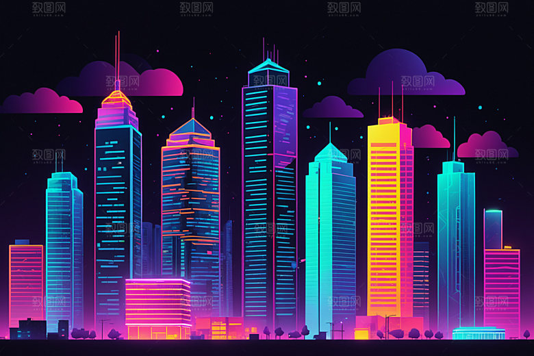 霓虹城市地标科技感插画