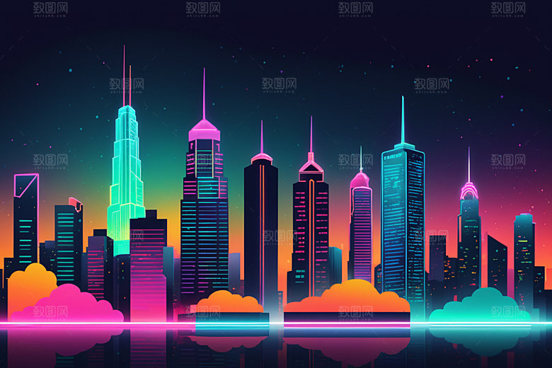 霓虹城市赛博朋克未来插画