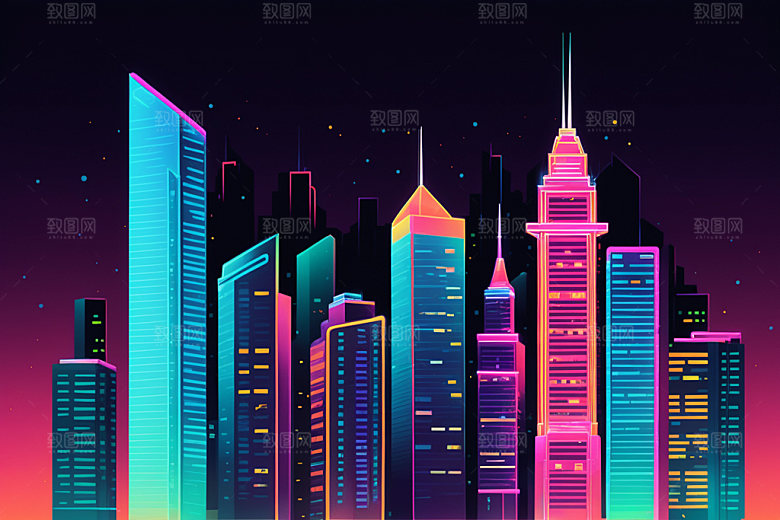 霓虹城市未来地标插画