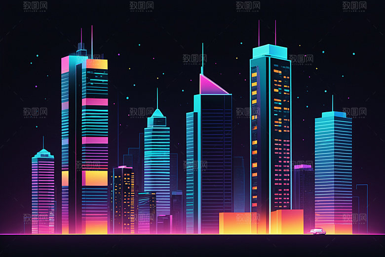 霓虹城市彩色建筑插画