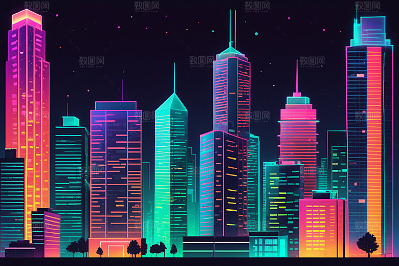 霓虹城市彩色未来插画