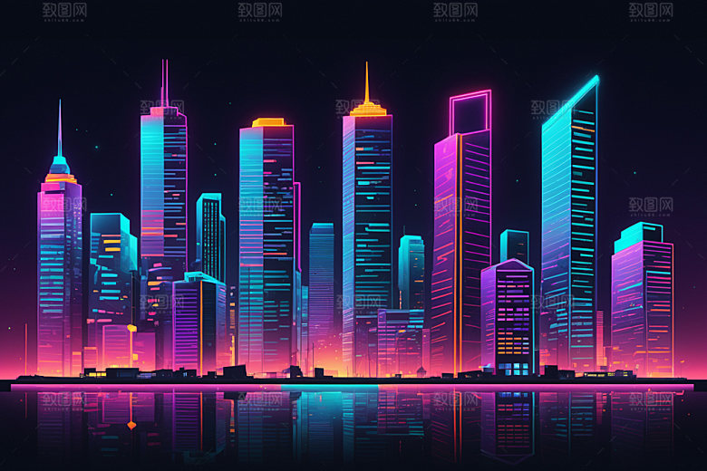 霓虹城市赛博朋克彩色插画