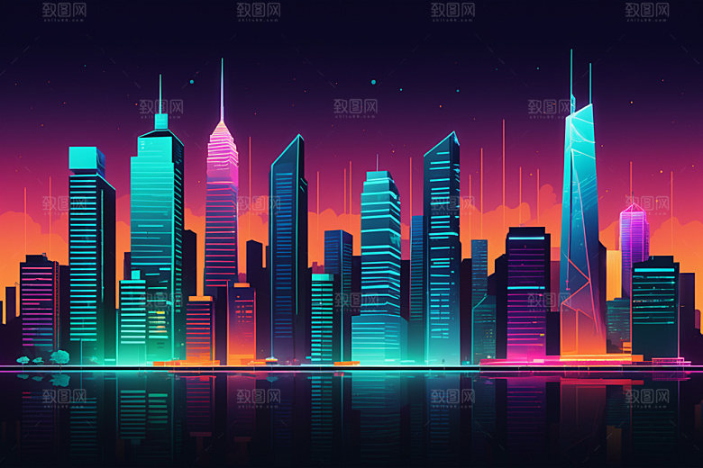 霓虹城市元素建筑插画