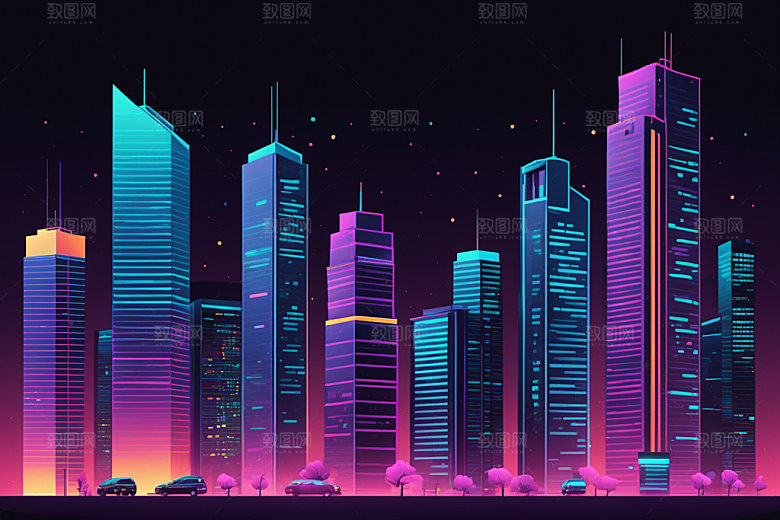 霓虹城市彩色未来插画