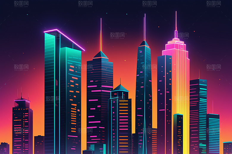 霓虹城市时尚建筑插画