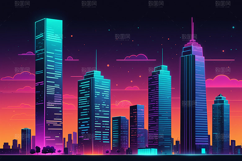 霓虹城市彩色赛博朋克插画