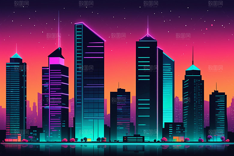 霓虹城市时尚赛博朋克插画