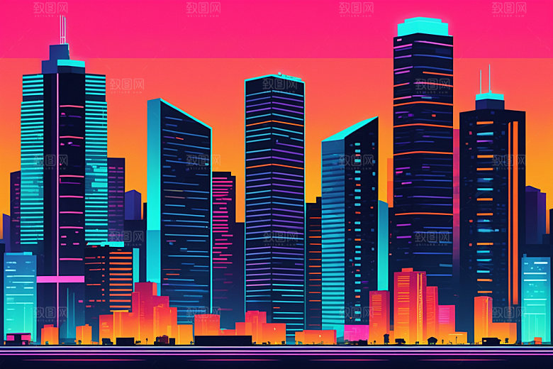 霓虹城市彩色科技感插画