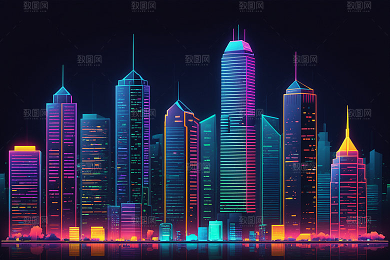 霓虹城市元素赛博朋克插画