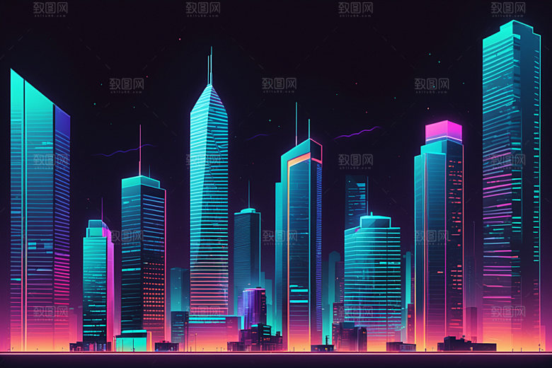 霓虹城市建筑未来插画