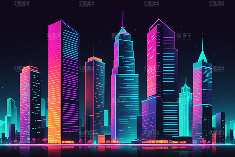 霓虹城市彩色地标插画