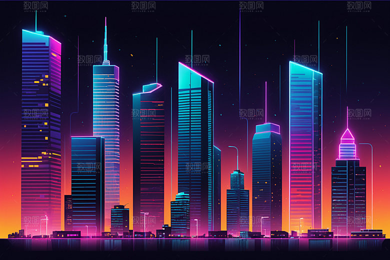 霓虹城市元素科技感插画