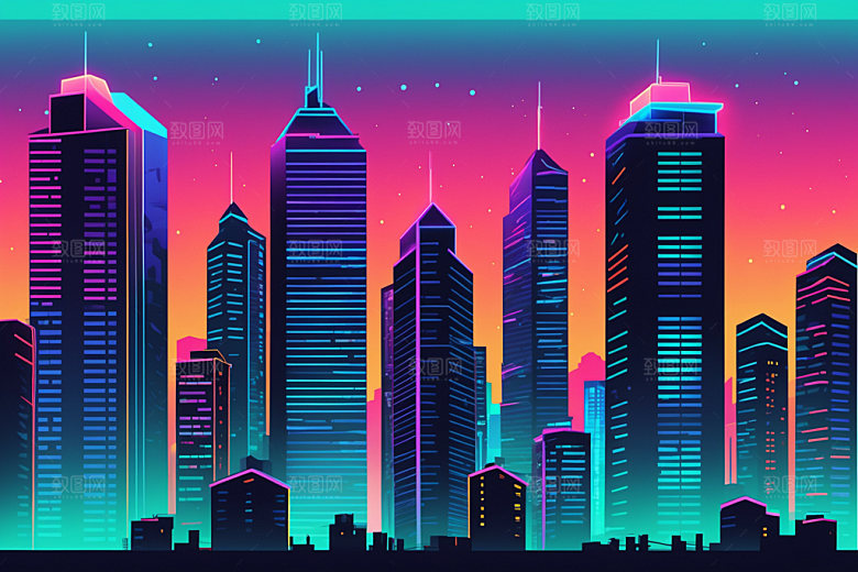霓虹城市时尚科技感插画