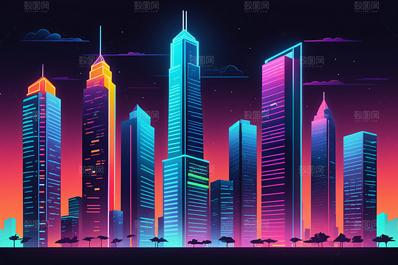 霓虹城市元素彩色插画