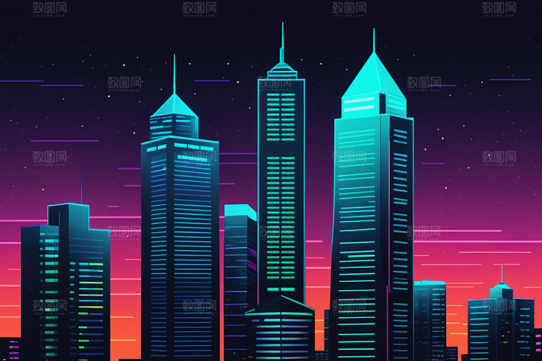 霓虹城市元素彩色插画