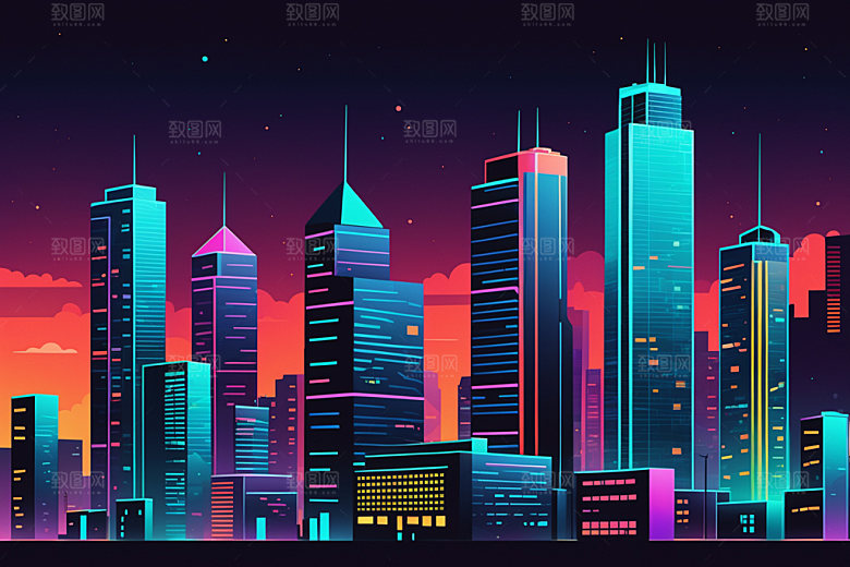 霓虹城市时尚赛博朋克插画