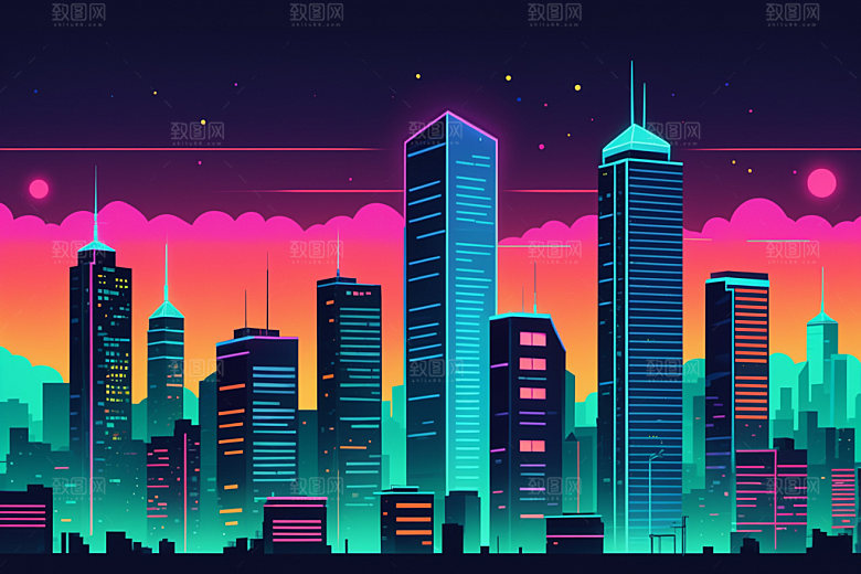 霓虹城市都市地标插画