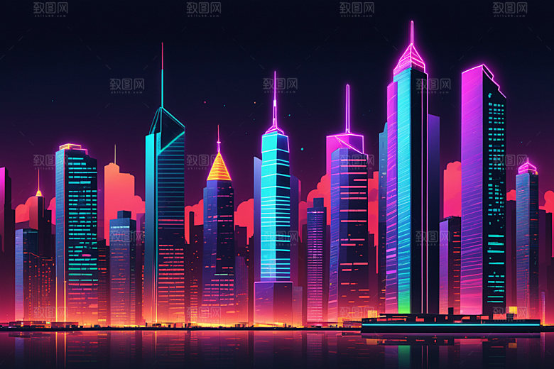 霓虹城市元素建筑插画