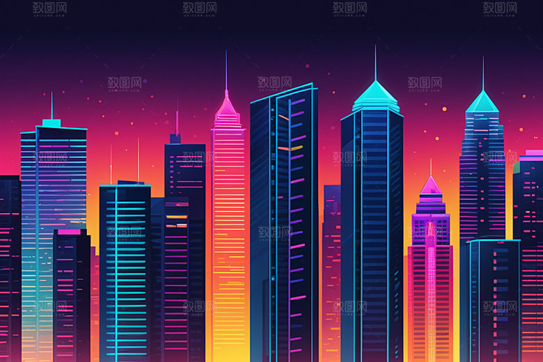 霓虹城市地标都市插画