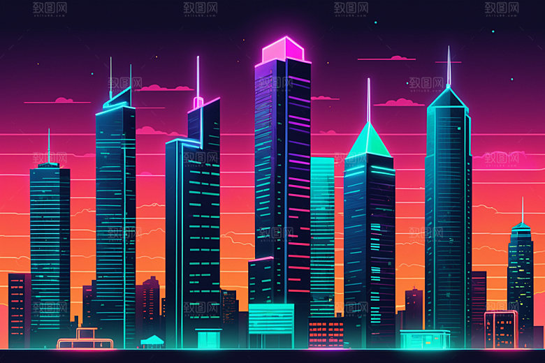 霓虹城市都市赛博朋克插画